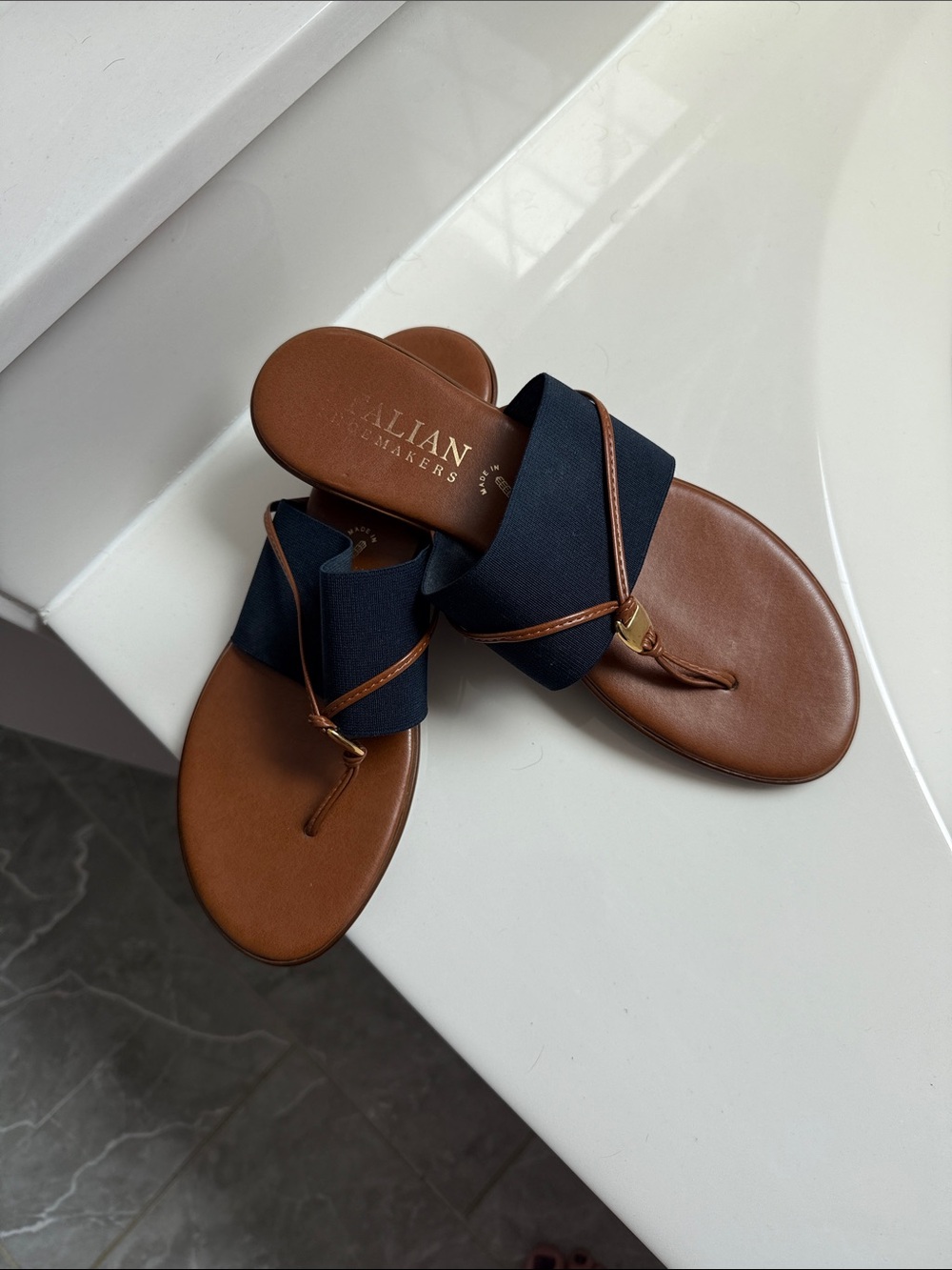 Brown Leather Thong Sandals with Navy Fabric Strap